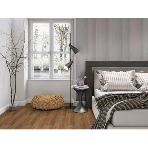 Dark Grey Stripes wall panel on display in a bedroom