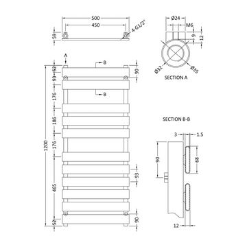 Heated Towel Rail 1200 x 500mm