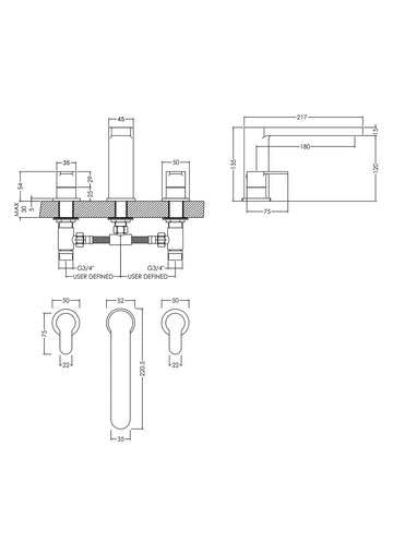 Arvan Deck Mounted 3 Tap Hole Bath Filler