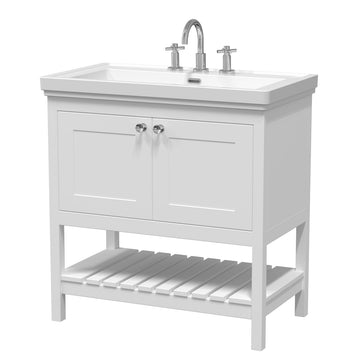HR Bexley Floor Standing 2 Door 1 Shelf Vanity & 3 Tap Hole Fireclay Basin, 800mm