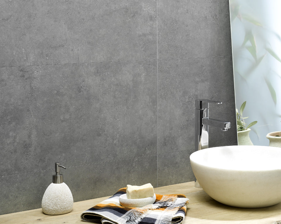 Fitted Display of Dumawall Plus Beton Matt Solid Tile Cladding